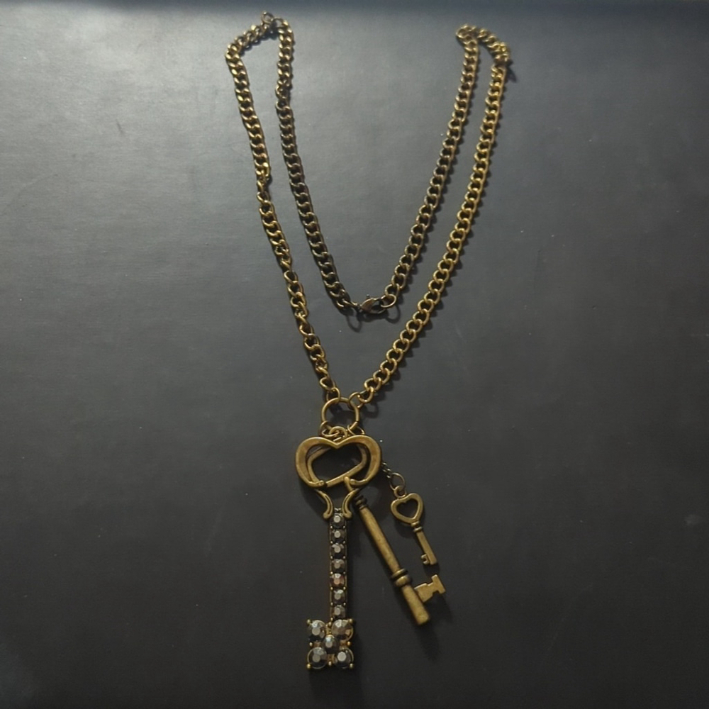 Brass Tone Black Rhinestone Skeleton Key Pendant Statement Necklace - Picture 2 of 3